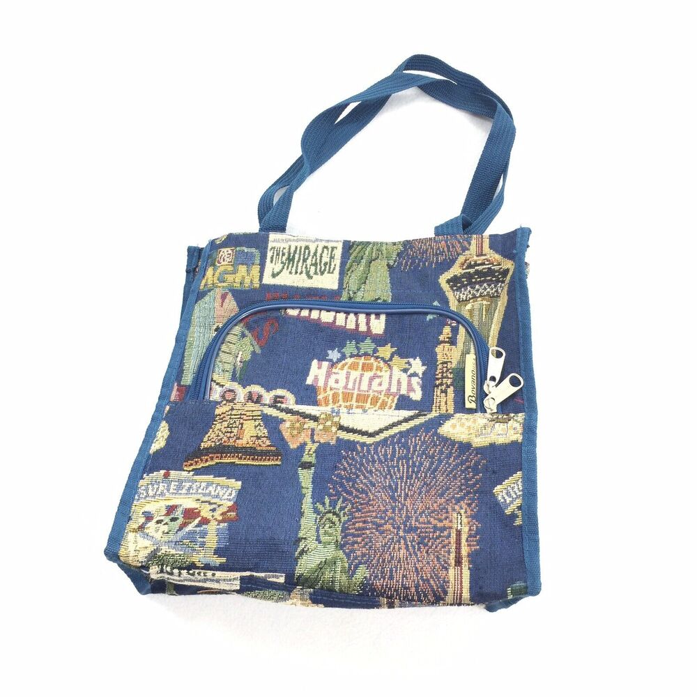 Vintage Bovano USA Tapestry Vegas Casinos Shopping Tote Bag Purse Blue Canvas